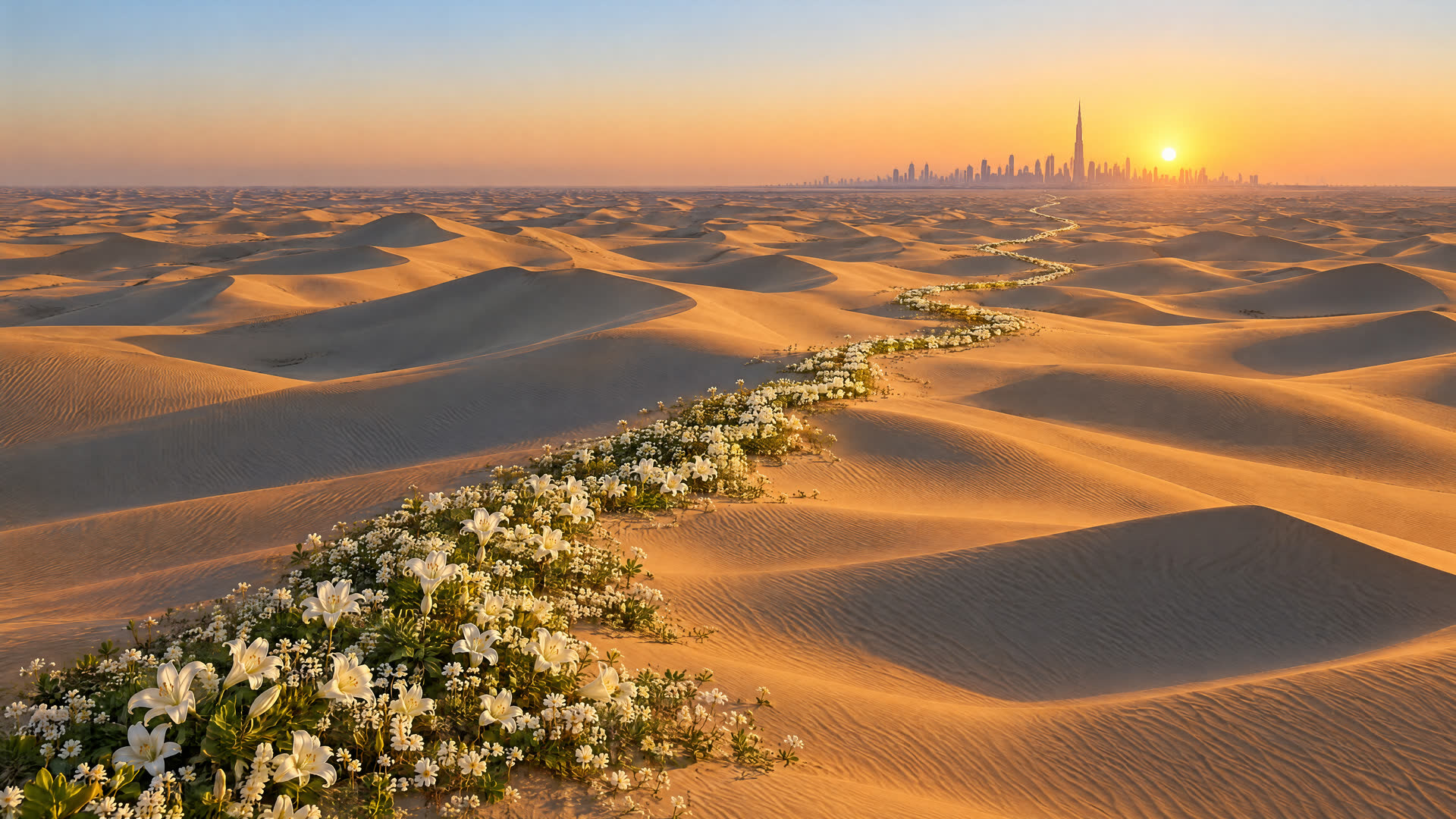 The same desert at sunrise seen from above: a ribbon of white lilies and desert flowers winds across the dunes all the way to the Dubai skyline.
