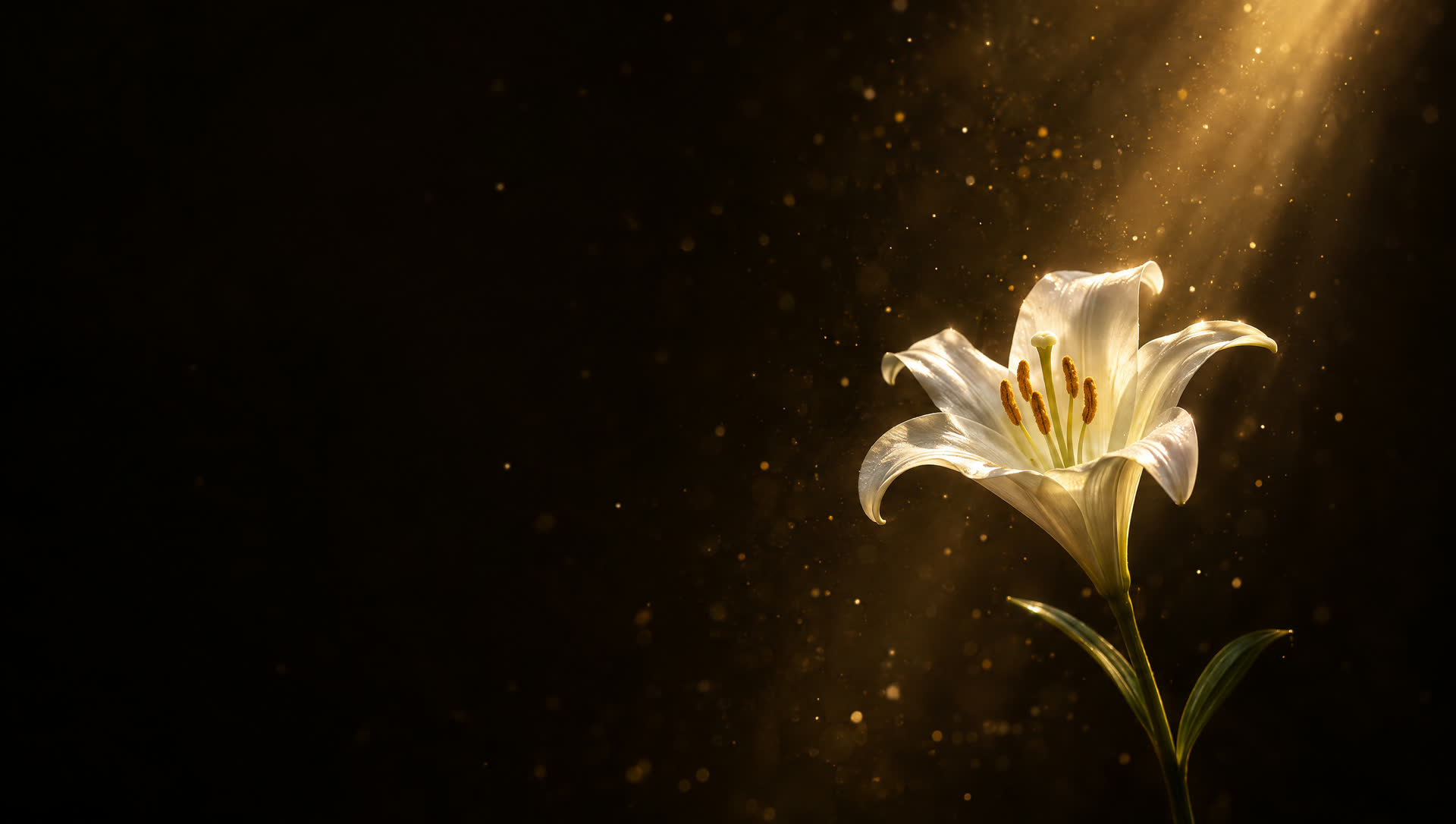 A single white lily in a shaft of golden light at night, pollen floating in the beam, a honeybee hovering beside it, its wings lit by the light.
