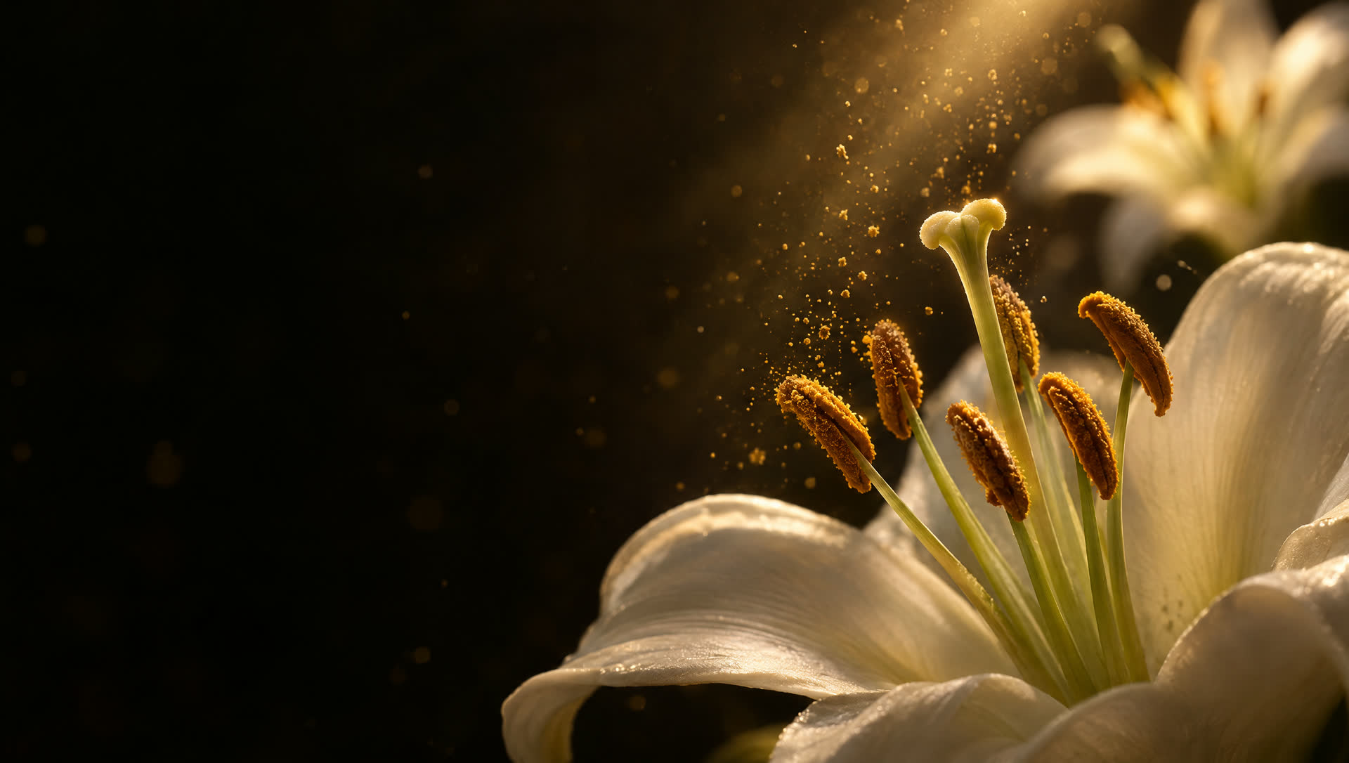 Close-up of a white lily's six stamens at night, pollen lifting off the anthers into a shaft of golden light.